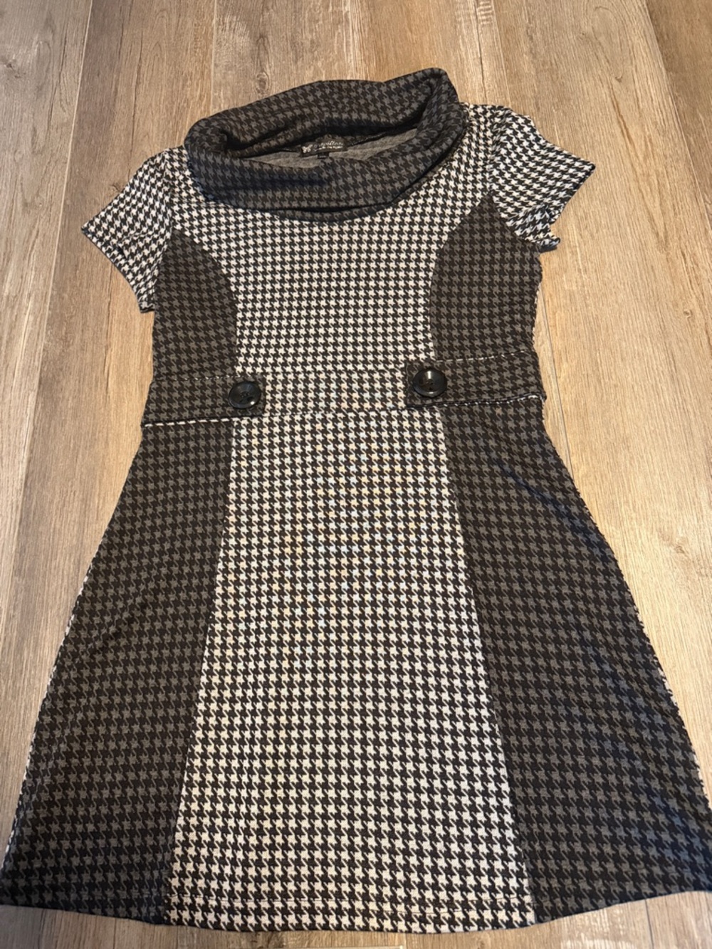Papillon Blanc Black and White Houndstooth Cowl Neck Dress